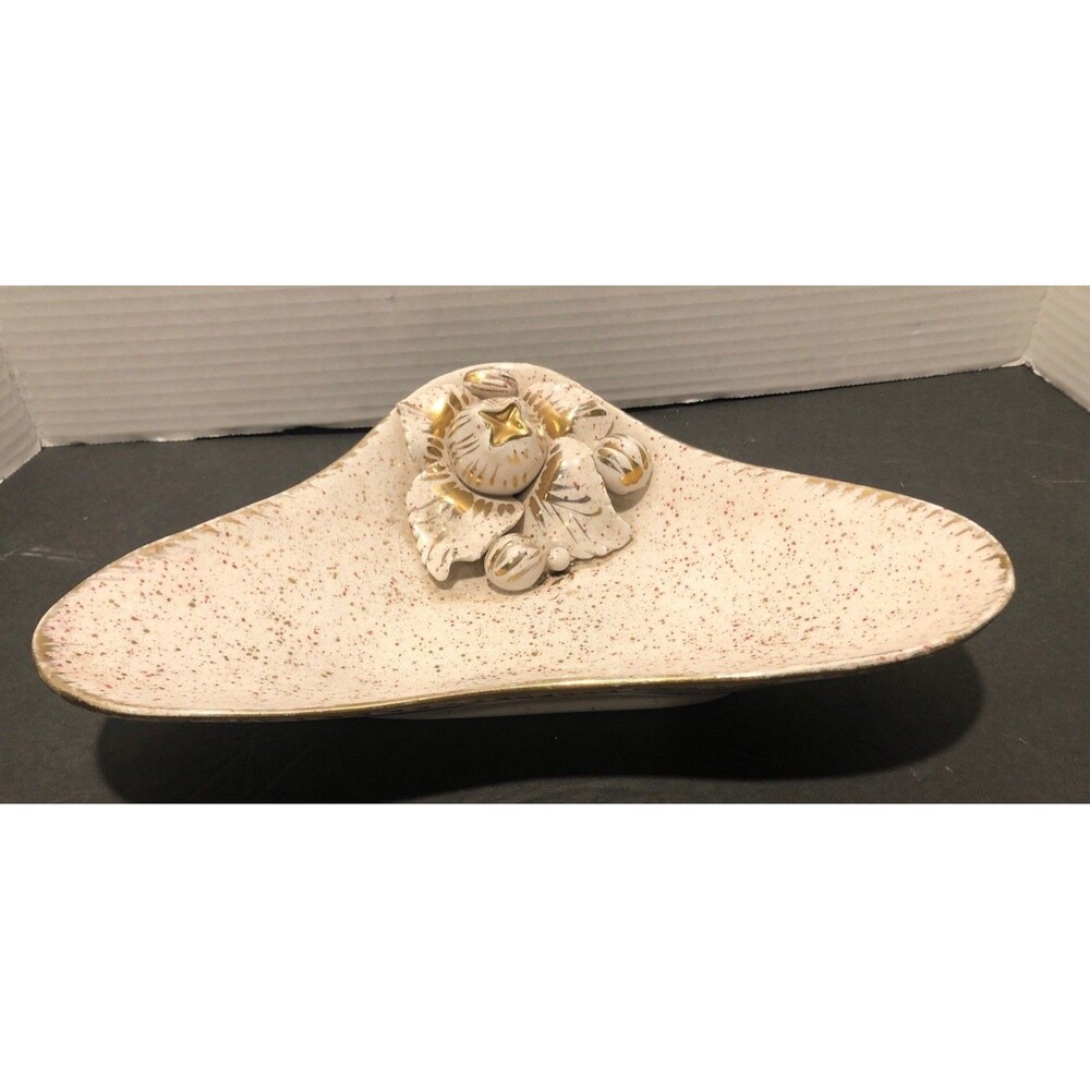 MCM Boomerang Candy Dish Gold Speckled Italy 11” X7” Embossed Flower